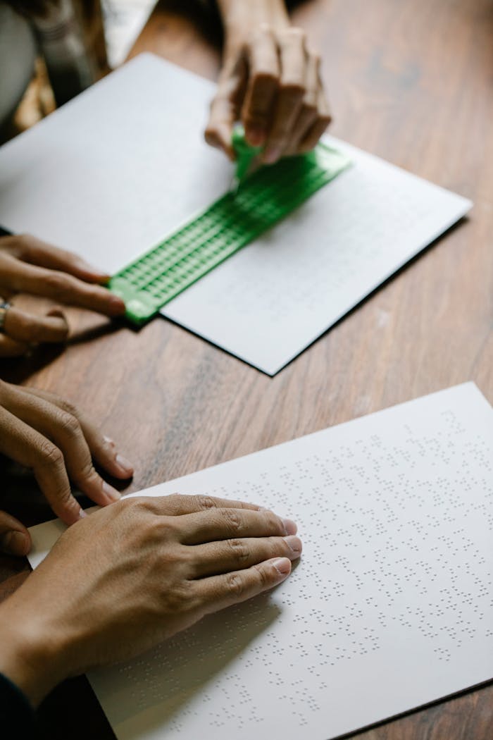 our-services-1 Close-up of hands reading and writing Braille using a slate and stylus on a wooden table.
